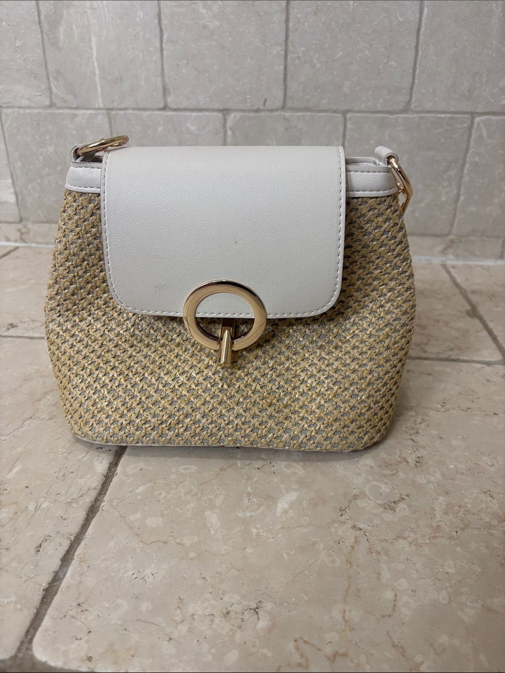 White & Natural Woven Crossbody Bag with Gold Ring Accent